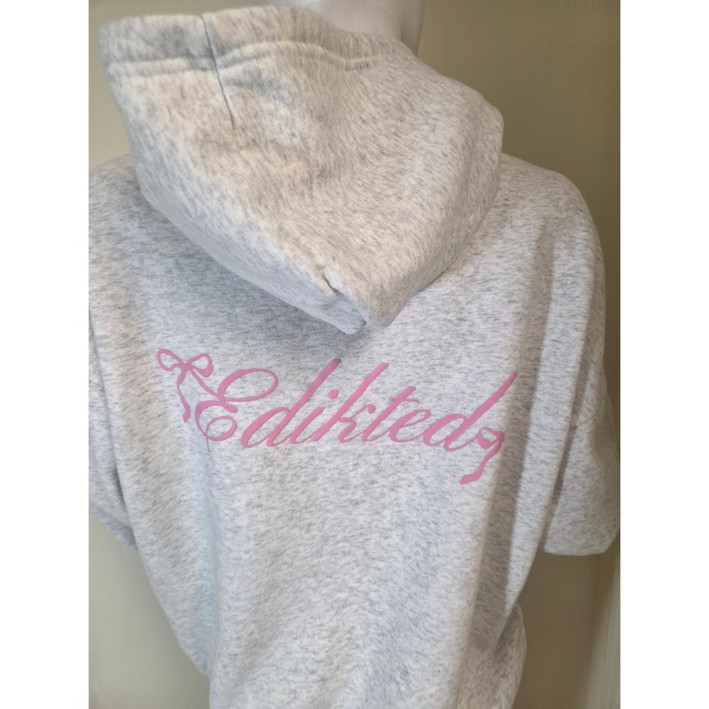 Edikted Grey Heather Pink Bow Graphic Oversized Hoodie Sweatshirt Medium - Picture 9 of 12